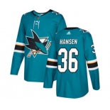 Adidas San Jose Sharks #36 Jannik Hansen Authentic Teal Green Home NHL Jersey