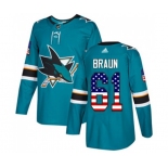 Adidas San Jose Sharks #61 Justin Braun Authentic Teal Green USA Flag Fashion NHL Jersey