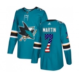 Adidas San Jose Sharks #7 Paul Martin Authentic Teal Green USA Flag Fashion NHL Jersey