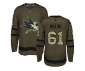 Men Adidas San Jose Sharks #61 Justin Braun Green Salute to Service Stitched NHL Jersey