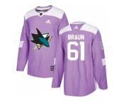 Men Adidas San Jose Sharks #61 Justin Braun Purple Authentic Fights Cancer Stitched NHL Jersey