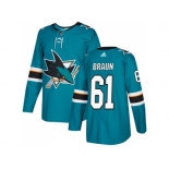 Men Adidas San Jose Sharks #61 Justin Braun Teal Home Authentic Stitched NHL Jersey