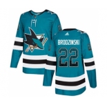 Men's Sharks #22 Jonny Brodzinski Teal Home Authentic Drift Fashion Stitched Hockey Jersey