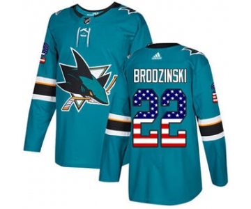 Men's Sharks #22 Jonny Brodzinski Teal Home Authentic USA Flag Stitched Hockey Jersey