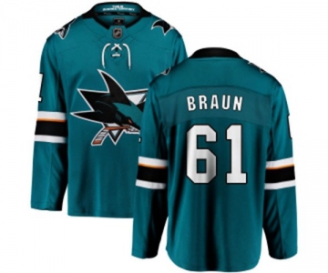 San Jose Sharks #61 Justin Braun Fanatics Branded Teal Green Home Breakaway NHL Jersey