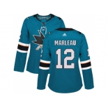 Women Adidas San Jose Sharks #12 Patrick Marleau Teal Home Authentic Stitched NHL Jersey