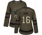 Women Adidas San Jose Sharks #16 Eric Fehr Authentic Green Salute to Service NHL Jersey