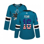 Women Adidas San Jose Sharks #16 Eric Fehr Authentic Teal Green USA Flag Fashion NHL Jersey