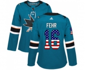 Women Adidas San Jose Sharks #16 Eric Fehr Authentic Teal Green USA Flag Fashion NHL Jersey