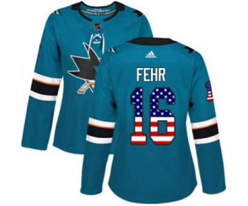 Women Adidas San Jose Sharks #16 Eric Fehr Authentic Teal Green USA Flag Fashion NHL Jersey