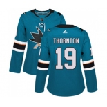 Women Adidas San Jose Sharks #19 Joe Thornton Authentic Teal Green Home NHL Jersey