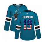 Women Adidas San Jose Sharks #19 Joe Thornton Authentic Teal Green USA Flag Fashion NHL Jersey