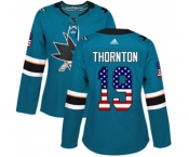 Women Adidas San Jose Sharks #19 Joe Thornton Authentic Teal Green USA Flag Fashion NHL Jersey