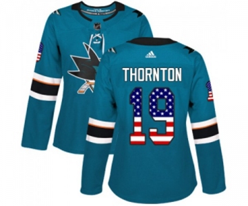 Women Adidas San Jose Sharks #19 Joe Thornton Authentic Teal Green USA Flag Fashion NHL Jersey