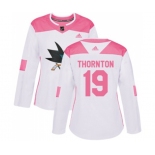 Women Adidas San Jose Sharks #19 Joe Thornton Authentic White Pink Fashion NHL Jersey