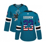 Women Adidas San Jose Sharks #23 Barclay Goodrow Authentic Teal Green USA Flag Fashion NHL Jersey