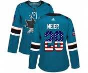 Women Adidas San Jose Sharks #28 Timo Meier Authentic Teal Green USA Flag Fashion NHL Jersey