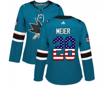 Women Adidas San Jose Sharks #28 Timo Meier Authentic Teal Green USA Flag Fashion NHL Jersey