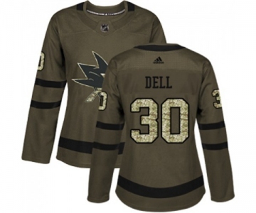 Women Adidas San Jose Sharks #30 Aaron Dell Authentic Green Salute to Service NHL Jersey