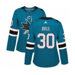 Women Adidas San Jose Sharks #30 Aaron Dell Authentic Teal Green Home NHL Jersey