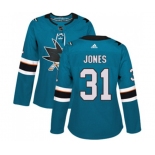 Women Adidas San Jose Sharks #31 Martin Jones Authentic Teal Green Home NHL Jersey