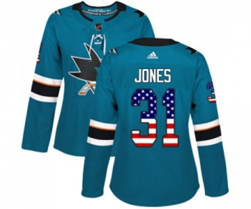 Women Adidas San Jose Sharks #31 Martin Jones Authentic Teal Green USA Flag Fashion NHL Jersey