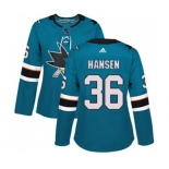 Women Adidas San Jose Sharks #36 Jannik Hansen Authentic Teal Green Home NHL Jersey