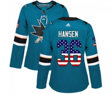 Women Adidas San Jose Sharks #36 Jannik Hansen Authentic Teal Green USA Flag Fashion NHL Jersey