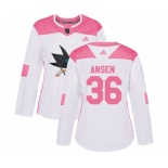 Women Adidas San Jose Sharks #36 Jannik Hansen Authentic White Pink Fashion NHL Jersey