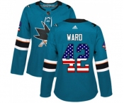 Women Adidas San Jose Sharks #42 Joel Ward Authentic Teal Green USA Flag Fashion NHL Jersey