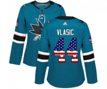 Women Adidas San Jose Sharks #44 Marc-Edouard Vlasic Authentic Teal Green USA Flag Fashion NHL Jersey