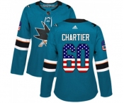 Women Adidas San Jose Sharks #60 Rourke Chartier Authentic Teal Green USA Flag Fashion NHL Jersey