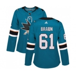 Women Adidas San Jose Sharks #61 Justin Braun Authentic Teal Green Home NHL Jersey