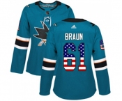 Women Adidas San Jose Sharks #61 Justin Braun Authentic Teal Green USA Flag Fashion NHL Jersey