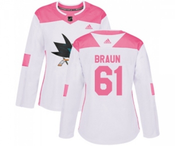 Women Adidas San Jose Sharks #61 Justin Braun Authentic White Pink Fashion NHL Jersey