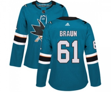 Women Adidas San Jose Sharks #61 Justin Braun Premier Teal Green Home NHL Jersey