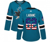 Women Adidas San Jose Sharks #62 Kevin Labanc Authentic Teal Green USA Flag Fashion NHL Jersey