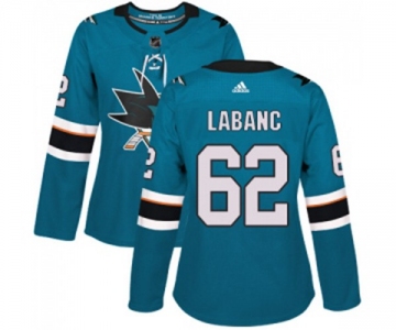 Women Adidas San Jose Sharks #62 Kevin Labanc Premier Teal Green Home NHL Jersey