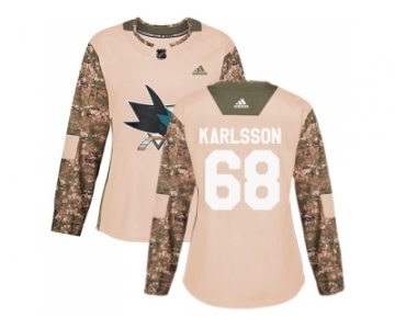 Women Adidas San Jose Sharks #68 Melker Karlsson Camo Authentic 2017 Veterans Day Stitched NHL Jersey