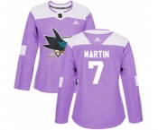 Women Adidas San Jose Sharks #7 Paul Martin Authentic Purple Fights Cancer Practice NHL Jersey