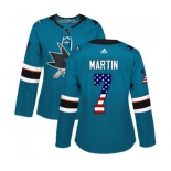 Women Adidas San Jose Sharks #7 Paul Martin Authentic Teal Green USA Flag Fashion NHL Jersey