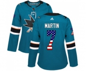 Women Adidas San Jose Sharks #7 Paul Martin Authentic Teal Green USA Flag Fashion NHL Jersey