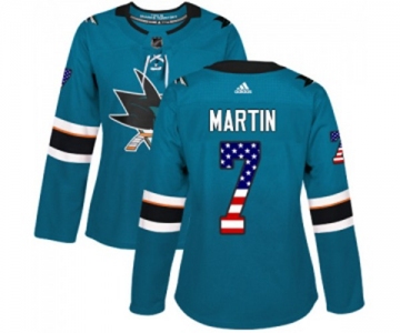 Women Adidas San Jose Sharks #7 Paul Martin Authentic Teal Green USA Flag Fashion NHL Jersey