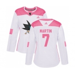 Women Adidas San Jose Sharks #7 Paul Martin Authentic White Pink Fashion NHL Jersey