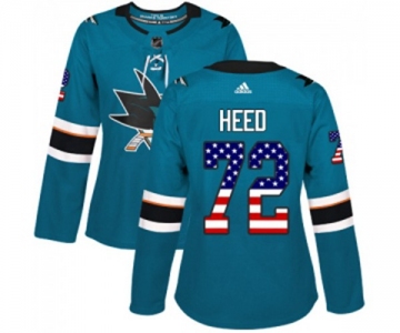 Women Adidas San Jose Sharks #72 Tim Heed Authentic Teal Green USA Flag Fashion NHL Jersey