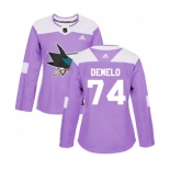 Women Adidas San Jose Sharks #74 Dylan DeMelo Authentic Purple Fights Cancer Practice NHL Jersey