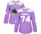 Women Adidas San Jose Sharks #74 Dylan DeMelo Authentic Purple Fights Cancer Practice NHL Jersey