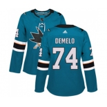 Women Adidas San Jose Sharks #74 Dylan DeMelo Authentic Teal Green Home NHL Jersey