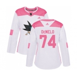 Women Adidas San Jose Sharks #74 Dylan DeMelo Authentic White Pink Fashion NHL Jersey