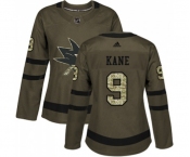 Women Adidas San Jose Sharks #9 Evander Kane Authentic Green Salute to Service NHL Jersey